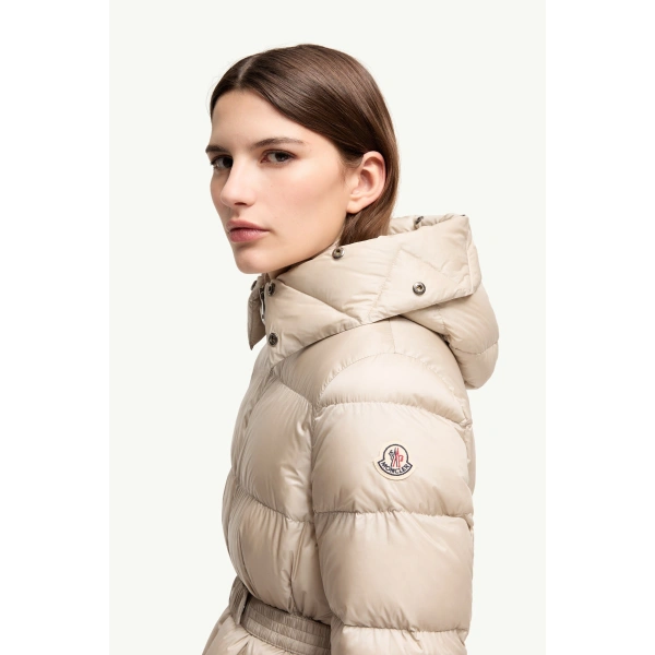 Moncler Boed Hooded Shearling-Trimmed Short Down Jacket in Light Beige, view 3 | Women's Puffer Jackets | Coveti