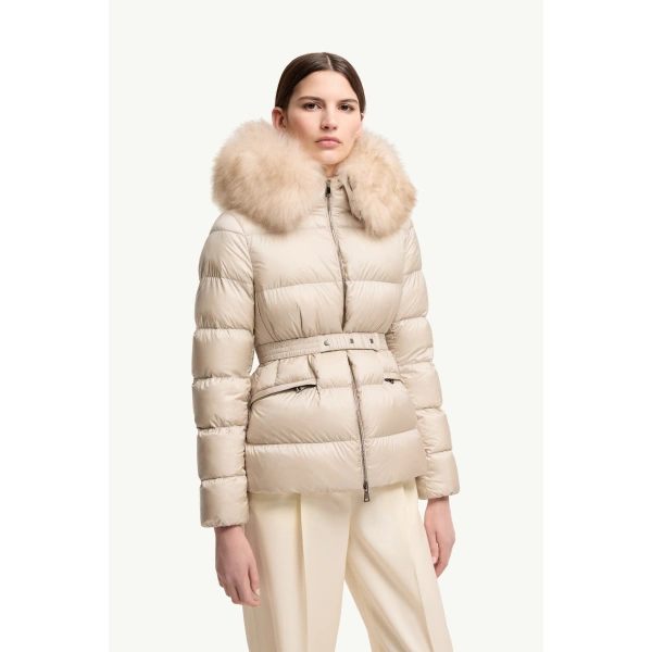 Moncler Boed Hooded Shearling-Trimmed Short Down Jacket in Light Beige, view 4 | Women's Puffer Jackets | Coveti