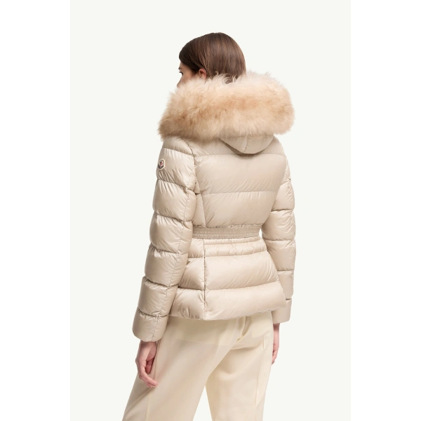 Moncler Boed Hooded Shearling-Trimmed Short Down Jacket in Light Beige, view 5 | Women's Puffer Jackets | Coveti