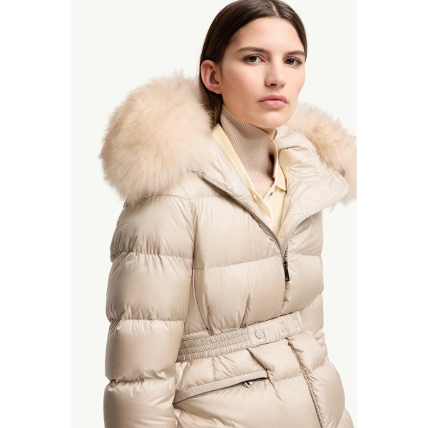 Moncler Boed Hooded Shearling-Trimmed Short Down Jacket in Light Beige, view 6 | Women's Puffer Jackets | Coveti