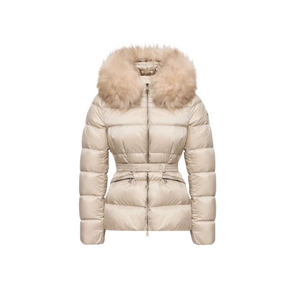 Boed Hooded Shearling-Trimmed Short Down Jacket in Light Beige