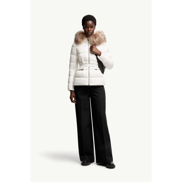 Moncler Boed Hooded Shearling-Trimmed Short Down Jacket in White & Beige, view 2 | Women's Puffer Jackets | Coveti