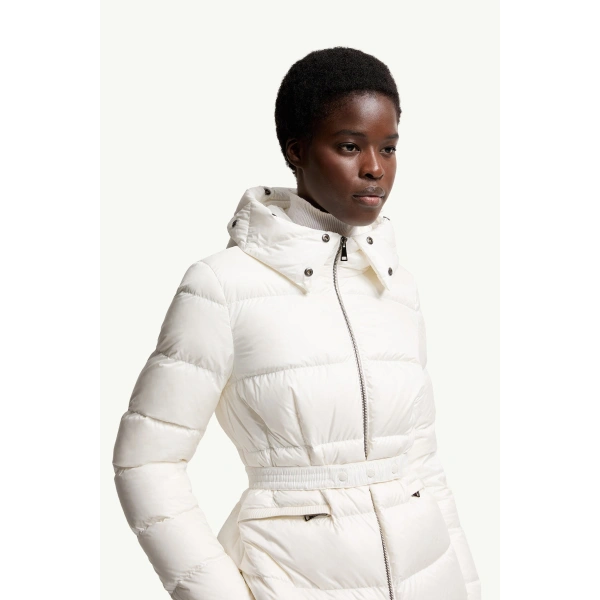 Moncler Boed Hooded Shearling-Trimmed Short Down Jacket in White & Beige, view 3 | Women's Puffer Jackets | Coveti
