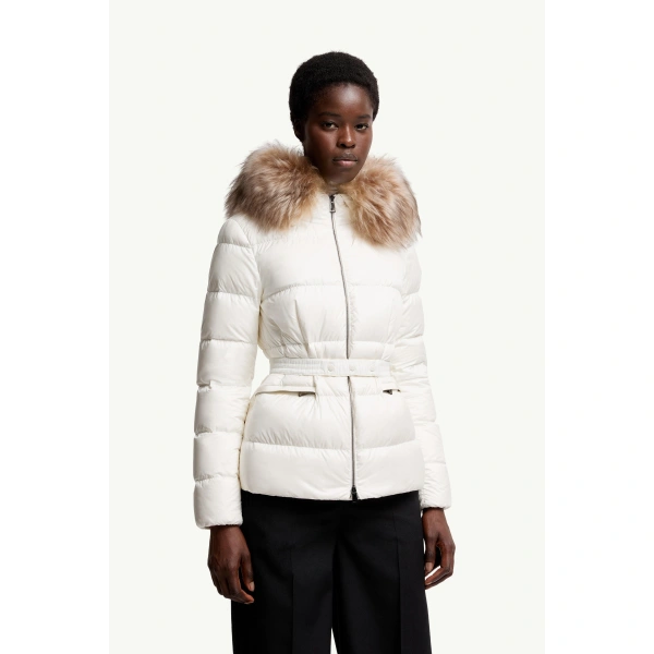 Moncler Boed Hooded Shearling-Trimmed Short Down Jacket in White & Beige, view 4 | Women's Puffer Jackets | Coveti