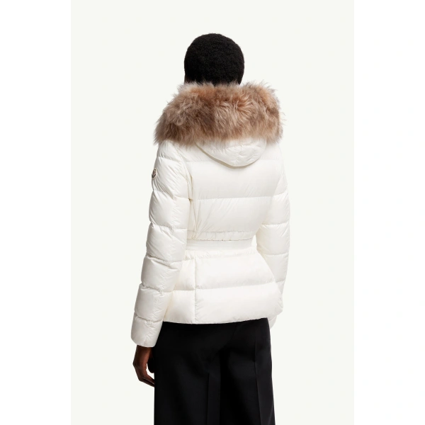 Moncler Boed Hooded Shearling-Trimmed Short Down Jacket in White & Beige, view 5 | Women's Puffer Jackets | Coveti