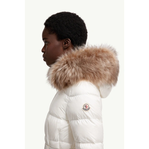 Moncler Boed Hooded Shearling-Trimmed Short Down Jacket in White & Beige, view 6 | Women's Puffer Jackets | Coveti