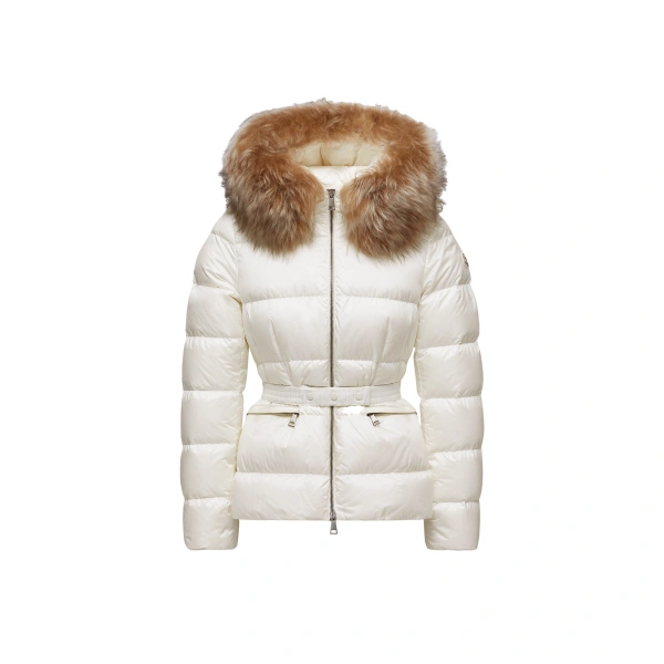 Moncler Boed Hooded Shearling-Trimmed Short Down Jacket in White & Beige | Women's Puffer Jackets | Coveti