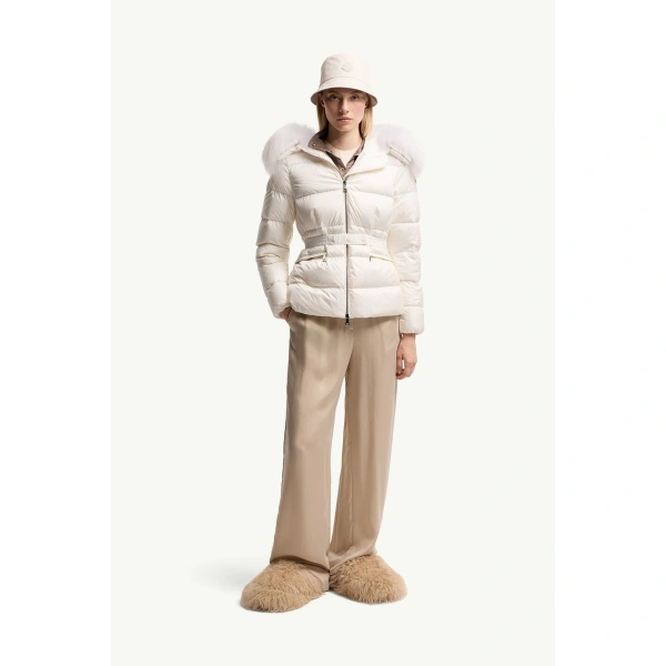 Moncler Boed Hooded Shearling-Trimmed Short Down Jacket in White, view 2 | Women's Puffer Jackets | Coveti