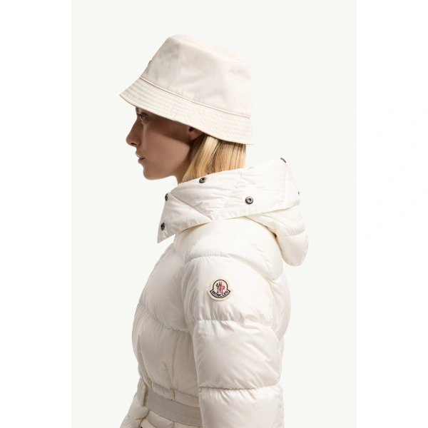 Moncler Boed Hooded Shearling-Trimmed Short Down Jacket in White, view 3 | Women's Puffer Jackets | Coveti