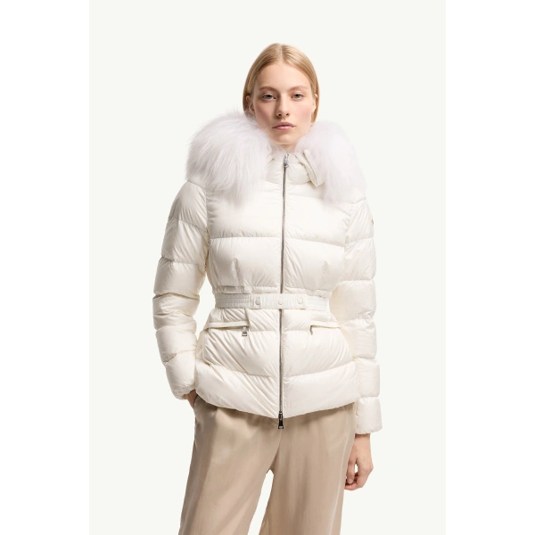 Moncler Boed Hooded Shearling-Trimmed Short Down Jacket in White, view 4 | Women's Puffer Jackets | Coveti