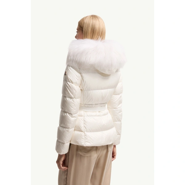 Moncler Boed Hooded Shearling-Trimmed Short Down Jacket in White, view 5 | Women's Puffer Jackets | Coveti