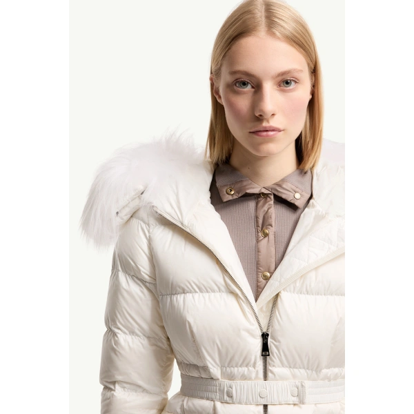 Moncler Boed Hooded Shearling-Trimmed Short Down Jacket in White, view 6 | Women's Puffer Jackets | Coveti