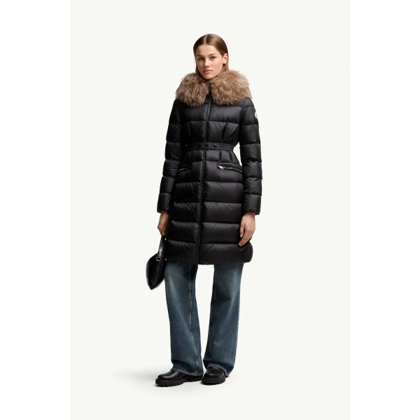 Moncler Boedic Hooded Shearling-Trimmed Long Down Jacket in Black & Beige, view 2 | Women's Puffer and Down Coats | Coveti