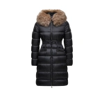 Moncler Boedic Hooded Shearling-Trimmed Long Down Jacket in Black & Beige | Women's Puffer and Down Coats | Coveti