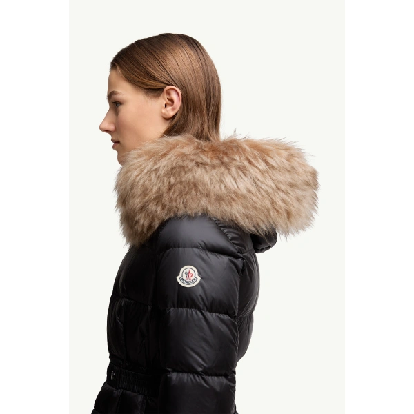 Moncler Boedic Hooded Shearling-Trimmed Long Down Jacket in Black & Beige, view 3 | Women's Puffer and Down Coats | Coveti