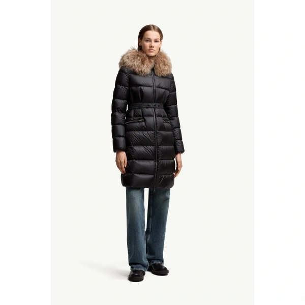 Moncler Boedic Hooded Shearling-Trimmed Long Down Jacket in Black & Beige, view 4 | Women's Puffer and Down Coats | Coveti