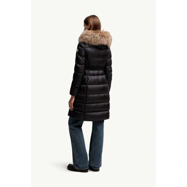 Moncler Boedic Hooded Shearling-Trimmed Long Down Jacket in Black & Beige, view 5 | Women's Puffer and Down Coats | Coveti