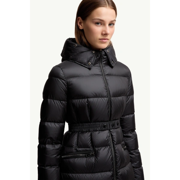 Moncler Boedic Hooded Shearling-Trimmed Long Down Jacket in Black & Beige, view 6 | Women's Puffer and Down Coats | Coveti