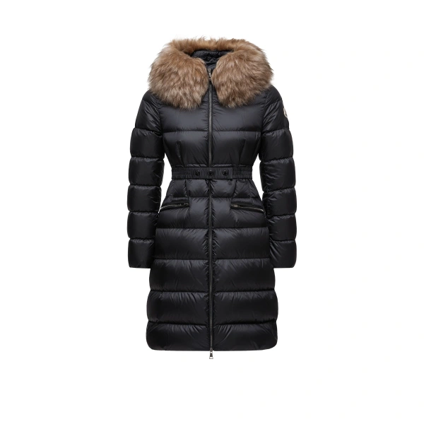 Moncler Boedic Hooded Shearling-Trimmed Long Down Jacket in Black & Beige | Women's Puffer and Down Coats | Coveti