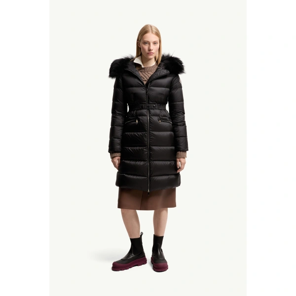 Moncler Boedic Hooded Shearling-Trimmed Long Down Jacket in Black, view 2 | Women's Puffer and Down Coats | Coveti
