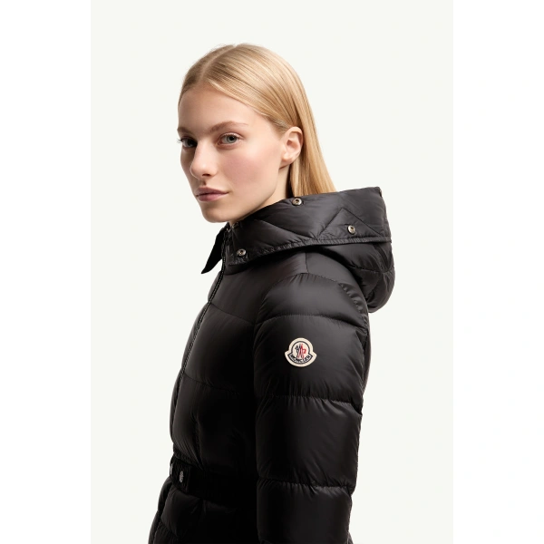 Moncler Boedic Hooded Shearling-Trimmed Long Down Jacket in Black, view 3 | Women's Puffer and Down Coats | Coveti