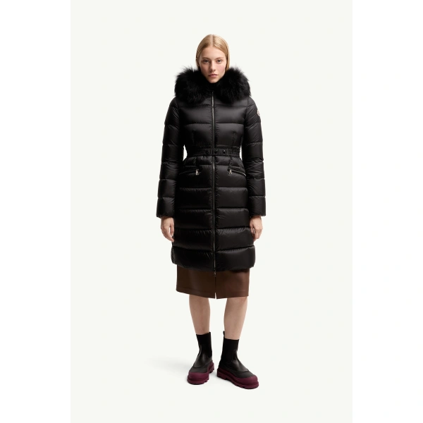 Moncler Boedic Hooded Shearling-Trimmed Long Down Jacket in Black, view 4 | Women's Puffer and Down Coats | Coveti