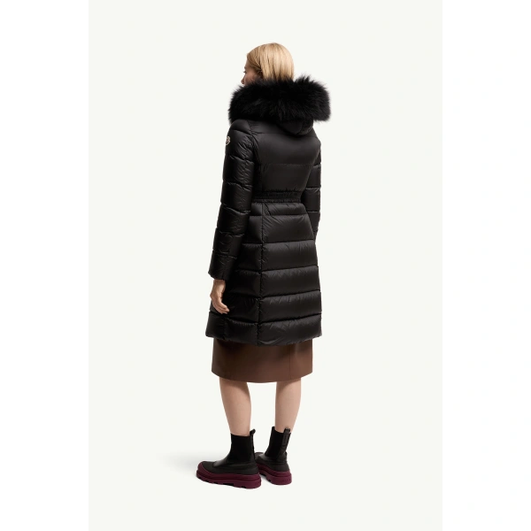 Moncler Boedic Hooded Shearling-Trimmed Long Down Jacket in Black, view 5 | Women's Puffer and Down Coats | Coveti