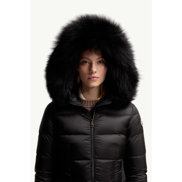 Moncler Boedic Hooded Shearling-Trimmed Long Down Jacket in Black, view 6 | Women's Puffer and Down Coats | Coveti
