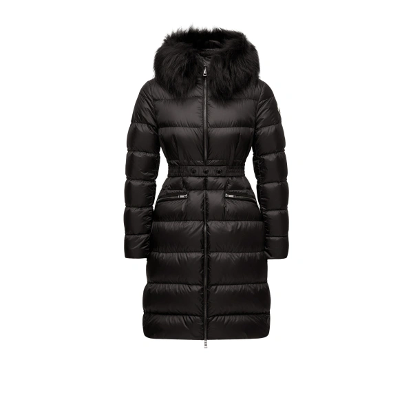 Boedic Hooded Shearling-Trimmed Long Down Jacket in Black