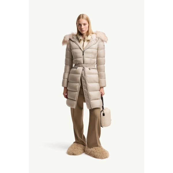 Moncler Boedic Hooded Shearling-Trimmed Long Down Jacket in Light Beige, view 2 | Women's Puffer and Down Coats | Coveti