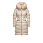 Moncler Boedic Hooded Shearling-Trimmed Long Down Jacket in Light Beige | Women's Puffer and Down Coats | Coveti
