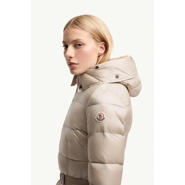 Moncler Boedic Hooded Shearling-Trimmed Long Down Jacket in Light Beige, view 3 | Women's Puffer and Down Coats | Coveti