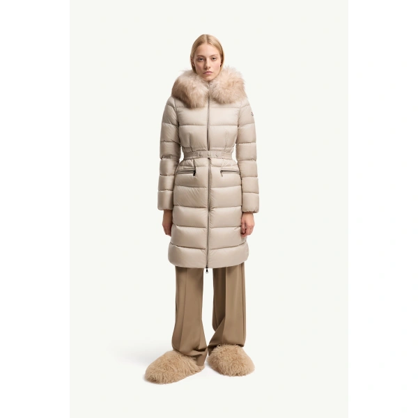 Moncler Boedic Hooded Shearling-Trimmed Long Down Jacket in Light Beige, view 4 | Women's Puffer and Down Coats | Coveti