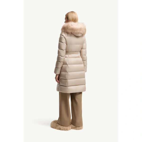 Moncler Boedic Hooded Shearling-Trimmed Long Down Jacket in Light Beige, view 5 | Women's Puffer and Down Coats | Coveti