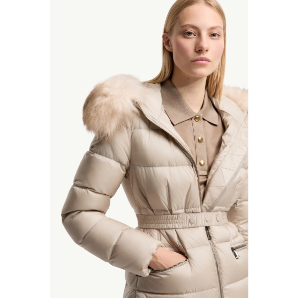 Moncler Boedic Hooded Shearling-Trimmed Long Down Jacket in Light Beige, view 6 | Women's Puffer and Down Coats | Coveti