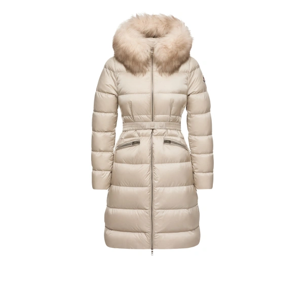 Moncler Boedic Hooded Shearling-Trimmed Long Down Jacket in Light Beige | Women's Puffer and Down Coats | Coveti