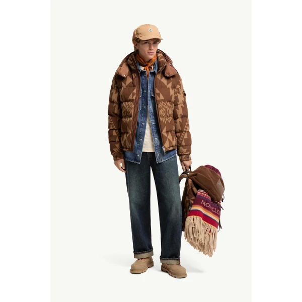 Moncler Boislune Hooded Corduroy Short Down Jacket in Brown, view 2 | Men's Jackets | Coveti