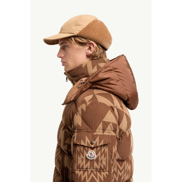 Moncler Boislune Hooded Corduroy Short Down Jacket in Brown, view 3 | Men's Jackets | Coveti