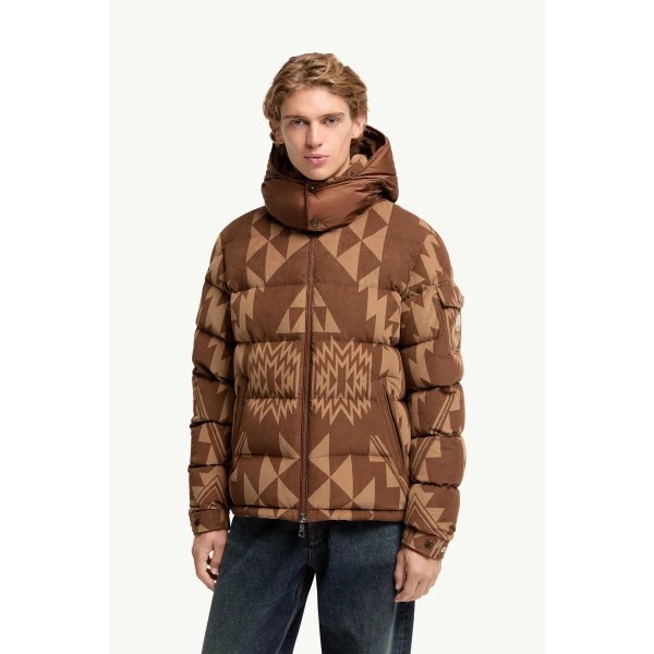 Moncler Boislune Hooded Corduroy Short Down Jacket in Brown, view 4 | Men's Jackets | Coveti