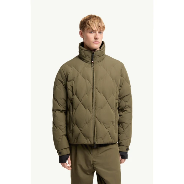 Moncler Bramans Diamond Quilted Short Down Jacket in Olive Green, view 4 | Men's Jackets | Coveti
