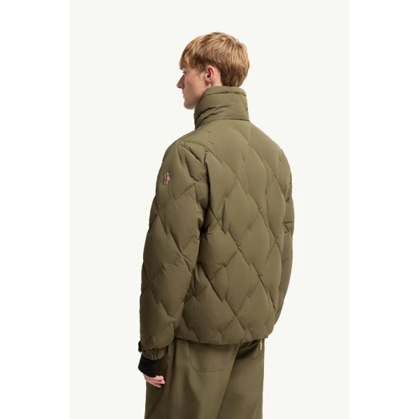 Moncler Bramans Diamond Quilted Short Down Jacket in Olive Green, view 5 | Men's Jackets | Coveti