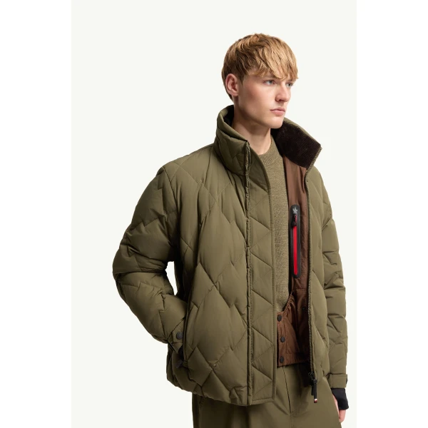 Moncler Bramans Diamond Quilted Short Down Jacket in Olive Green, view 6 | Men's Jackets | Coveti