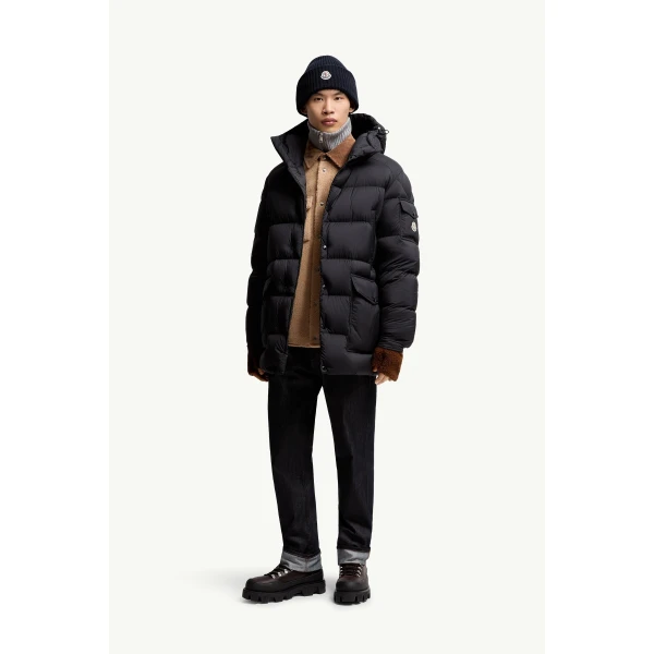 Moncler Bretagne Hooded Mid-Length Down Jacket in Black, view 2 | Men's Coats | Coveti