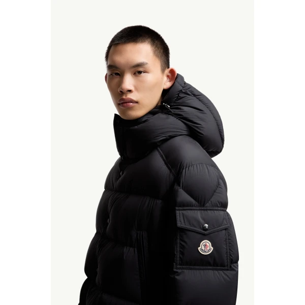 Moncler Bretagne Hooded Mid-Length Down Jacket in Black, view 3 | Men's Coats | Coveti