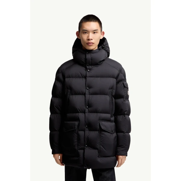 Moncler Bretagne Hooded Mid-Length Down Jacket in Black, view 4 | Men's Coats | Coveti