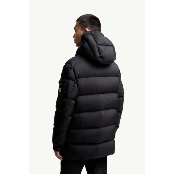 Moncler Bretagne Hooded Mid-Length Down Jacket in Black, view 5 | Men's Coats | Coveti