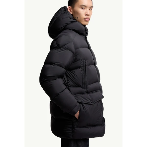 Moncler Bretagne Hooded Mid-Length Down Jacket in Black, view 6 | Men's Coats | Coveti