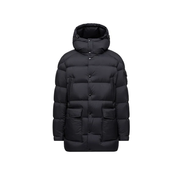 Moncler Bretagne Hooded Mid-Length Down Jacket in Black | Men's Coats | Coveti