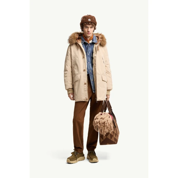 Moncler Brevanth Hooded Down Parka Jacket in Beige, view 2 | Men's Coats | Coveti