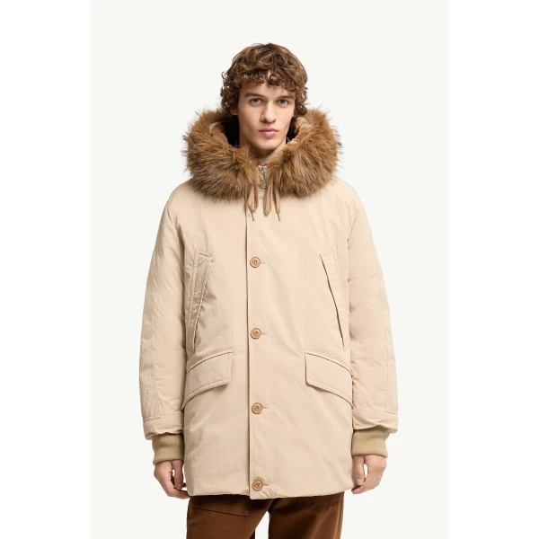 Moncler Brevanth Hooded Down Parka Jacket in Beige, view 4 | Men's Coats | Coveti